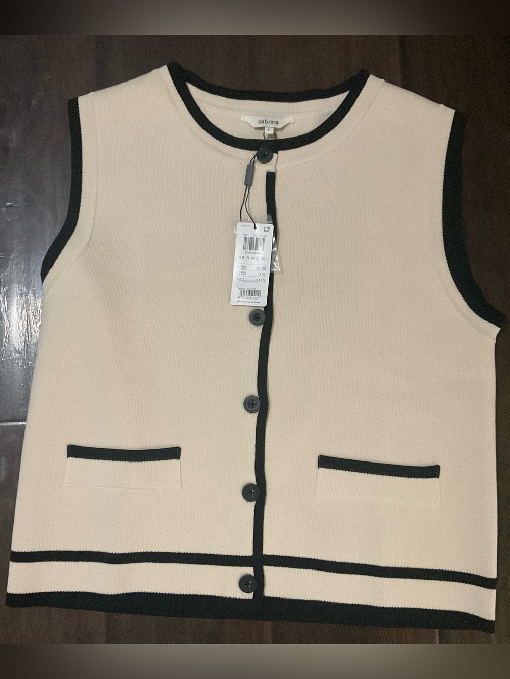 Sabina Cream Sleeveless Knit Vest with Black Trim